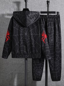 SHEIN 兒童青少年男孩街頭風黑色蜘蛛印花連帽衛衣與運動長褲套裝，適合秋冬返校季 - 彩色 - 查看 2
