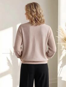 Women's Elegant V-Neck Long Sleeve Faux Pearl Design Top - Khaki - View 2