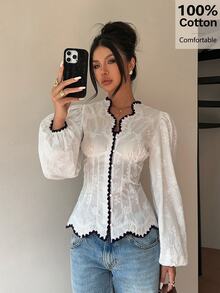 Siren Gaze Women's Embroidered Openwork Top, V-Neck With Lace Trim, Long Puff Sleeves, Front Tie Waist, Short Shirt, Available In White, Cream, And Ivory. French Romantic Style, Sweet And Fashionable, Suitable For Casual Dates, Summer, Spring, And Autumn. - White - View 2
