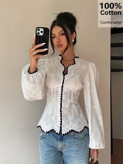 Siren Gaze Women's Embroidered Openwork Top, V-Neck With Lace Trim, Long Puff Sleeves, Front Tie Waist, Short Shirt, Available In White, Cream, And Ivory. French Romantic Style, Sweet And Fashionable, Suitable For Casual Dates, Summer, Spring, And Autumn.