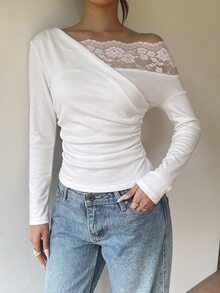 Siren Gaze 秋季新款女款露肩蕾絲拼接長袖T恤 - 白色 - 查看 4