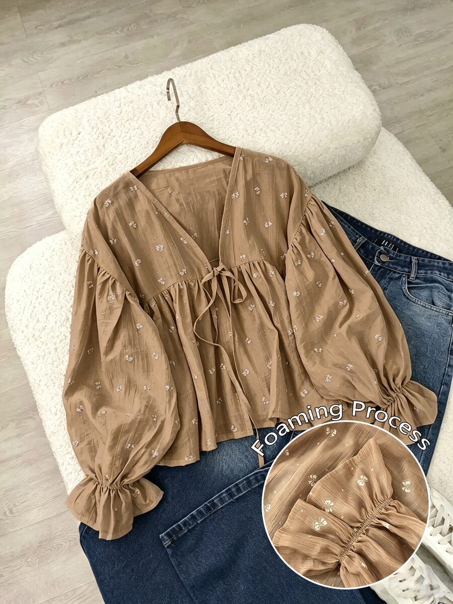 Franclia Light Blue Textured Fabric White Ditsy Floral Embroidery V-Neck Front Tie Cardigan Puff Sleeve Ruffle Hem Loose Short Sun Protection Shirt - Brown - View 1
