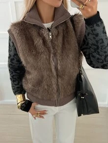 Livesso Brown High Neck Plush Patchwork Leopard Print Sleeve Zipper Slim Fit Casual Colorblock Faux Fur Jacket - Khaki - View 1