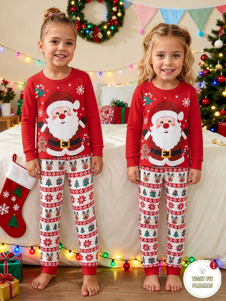 SHEIN Young Girl Autumn/Winter Pajamas Christmas Snug Fit Long Sleeve Pants Print Allover - Red - View 1
