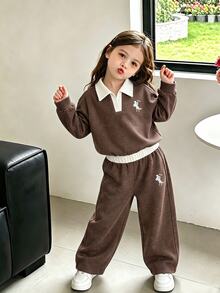 SHEIN Elladie kids 女童學院風咖啡色刷毛內裡上衣與寬腿褲2件套秋季套裝 秋冬款 - 棕色 - 查看 2