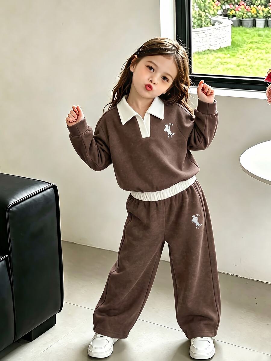 SHEIN Elladie kids 女童學院風咖啡色刷毛內裡上衣與寬腿褲2件套秋季套裝 秋冬款