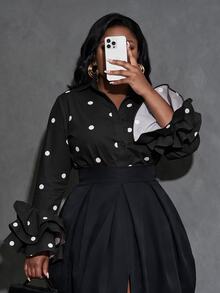 Slaydiva Women's Plus Size Polka Dot Bell Sleeve Blouse Fall - Black - View 11