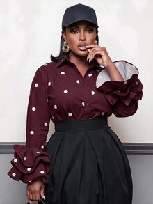 Slaydiva Blus Ukuran Besar Motif Polkadot dengan Kancing Warna Kontras dan Manset Bergelombang Berlapis untuk Musim Gugur - Coklat - View 10