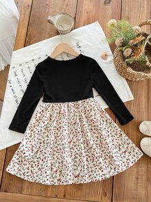 Emery Rose Kids Emery Rose Kids 女童小女孩可愛拼接洋裝，復古棕色羅紋上衣配蝴蝶結與花卉裙襬，長袖連身裙，適合春夏秋冬 - 黑色 - 查看 5