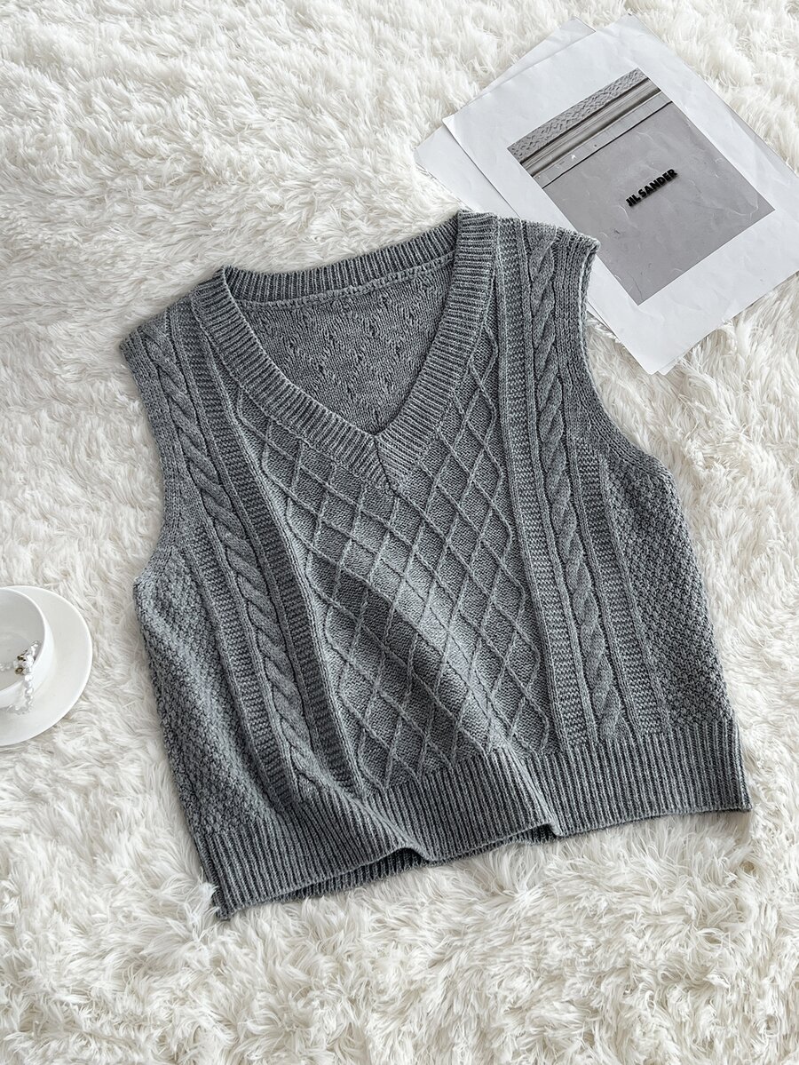 Elamini Minimalist Women's Autumn/Winter Grey Fitted Knit Vest Sweater Tank Top - Grey - View 1