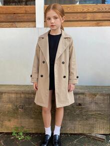 Hapijoa Tween Girl Loose Fit Turn Collar Autumn Long Sleeve Tie Khaki Solid Color Woven Trench Coat - Khaki - View 3