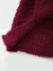 Mistrie Burgundy Plush 2 Pieces Set For Women Bowknot Short Cardigan + High Waist Split Hem Bodycon Mini Skirt - Burgundy - View 9