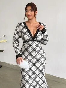 Firerie Plus Size Women's Contrast Lace Deep V-Neck Long Sleeve Plaid Fish Tail Hem Elegant Dress Fall - Multicolor - View 5