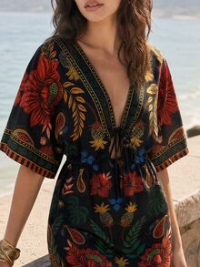 CAJUNI Women's Floral Print V-Neck Casual Versatile Daily Wear Dress - Multicolor - View 1