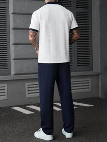 SLATEMANN 男士短袖拼色 Polo 衫與長褲套裝 - 白色 - 查看 3
