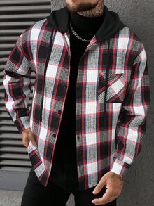 Manfinity CasualCool Men's Hooded Pocket Drawstring Plaid Shacket - Multicolor - View 1