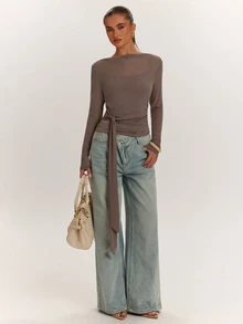 SHEIN BAE 2PCS Women Solid Tie Waist Long Sleeve Tops - Coffee Brown - View 3