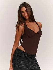 SHEIN BAE بودي نسائي ضيق برقبة هالتر مرنة باللون البني للخريف/الشتاء - بني - مشاهدة 7