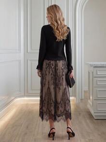 Medorina Women's Elegant Metal Button Long Sleeve Jacket & Lace Midi Skirt Two Pieces Set - Black - View 2