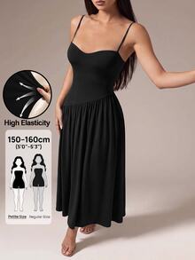 SHEIN PETITE فستان نسائي بلون موحد بحمالات رفيعة طويلة - الأسود - مشاهدة 10