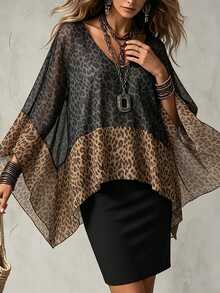 Glimmora Leopard Print Patchwork V-Neck Chic Fashionable Versatile Top Suitable For Dates, Vacations, Parties, Daily Outings, Gatherings, Outdoor Activities - Black - View 8