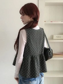 DAZY Floral Loose Patchwork Hem Round Neck Sleeveless Woolen Top Casual Vacation Korean Style Girl Spring Autumn Women Vest - Grey - View 6