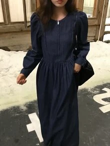 DAZY Women's Round Neck Casual Long Denim Dress - Dark Wash - View 1