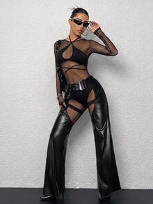 SHEIN ICON Cross Halter Neck Cutout Tank Top & Ultra Low Waist Shorts Leggings Set Checkerboard Women Two Pieces Outfit - Black - View 5