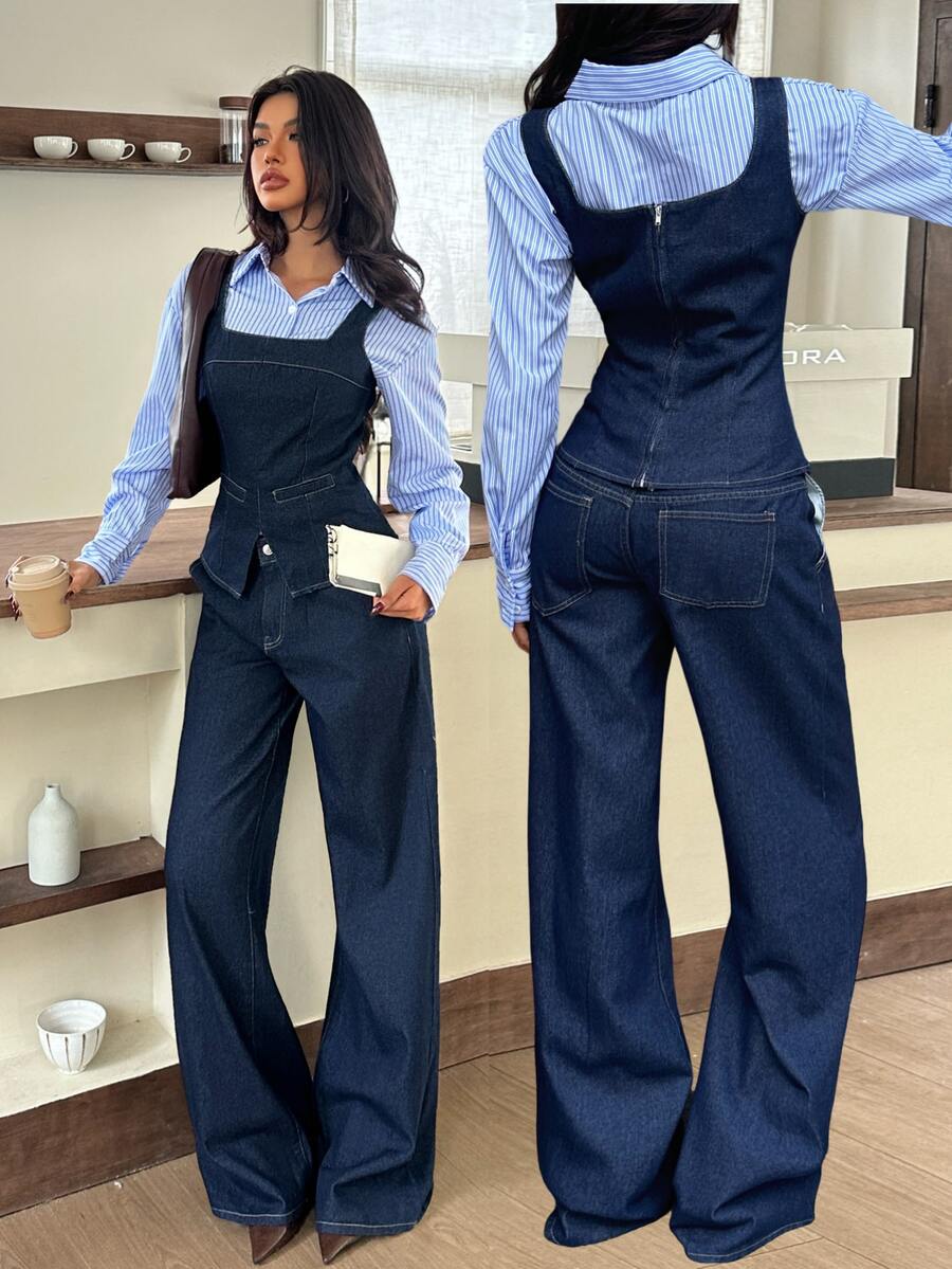 Rivivi Women's Denim Tank Top And Denim Pants Set Everyday Traveling Summer Streetwear