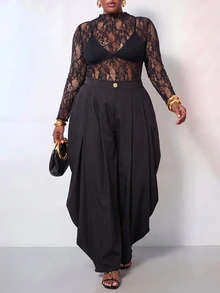 Zivah Plus Size Sexy Lace Sheer Top And Button Pleated Pants 2 Pieces Set - Black - View 4