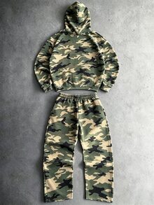 Manfinity EMRG Men's 2-Piece Camo Print Hoodie & Sweatpants Set, Letter Graphic Pullover And Drawstring Pants For Casual Streetwear, Daily Wear & Outings - Multicolor - View 2
