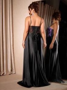 Cravure Plus Size Women Leaf Print Slit Design Sexy Party Spaghetti Strap Dress Christmas - Black - View 2