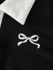 SHEIN Elladie kids 少女學院風黑色蝴蝶結印花對比色POLO領上衣＋寬腿褲休閒兩件套穿搭 - 黑色 - 查看 10