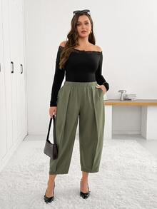 Shapeblank Women's Plus-Size Green Elastic-Waist Cropped Harem Pants – Stylish, Casual, Loose & Comfortable For Spring/Autumn,Curve Pants,Fall Outfits,Bottom - Green - View 5