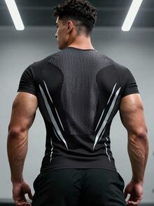 GymBeat Men's Tech Print Slim Fit Sports T-Shirt, Outdoor Gym Running Training Short Sleeve Tee - Black - View 2