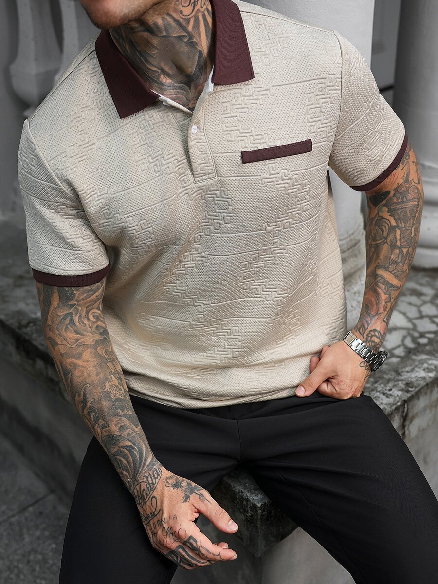 EGENSIO Vintage Embossed Jacquard Contrast Color Pocket Subtle Pattern POLO Shirt Men Casual Short Sleeve Contrast Collar Loose Fit - Khaki - View 1
