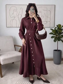 Veilorie Gaun Lengan Panjang Berlipit dengan Desain Kancing untuk Wanita yang Suka Bepergian - Burgundy - View 3