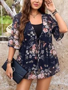 SHEIN LUNE Plus-Size Women'S Summer Flower Print Boho Lightweight Breathable Seaside Breathable Lace-Up Smock Fall - Navy Blue - View 3