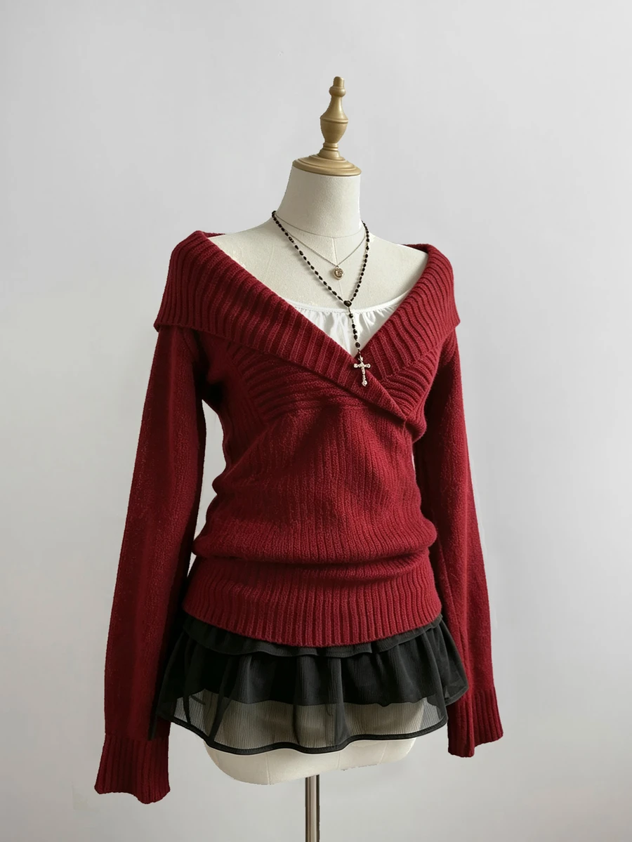 Sweetra Red Cute Sweet Casual Fashion Cold Shoulder Sexy Vintage Charming Urban Commute Pullover Sweater For Women - Red - View 1