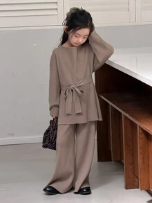 DAZY Tween Girl Crew Neck Long Sleeve Sweater And Knit Pants Set - Khaki - View 5