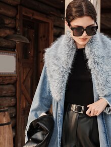 Anewsta Women's Fashion Faux Fox Fur Button Denim Jacket - Blue - View 5
