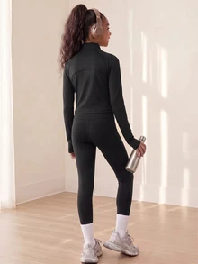 SHEIN Tween Girls Solid Color Fashion Long Sleeve Top And Pants Sports Outfit Set Gym Workout Black Autumn Modest Athletic Gym Workout Jogging - Black - View 2