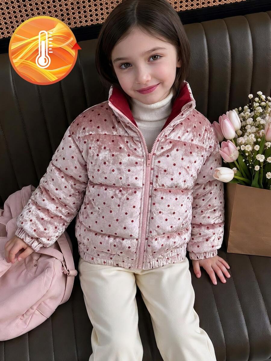 SHEIN جاكيت شتوي كاجوال بنمط نقاط بولكا وسحاب أمامي للفتيات الصغيرات - وردي - مشاهدة 1