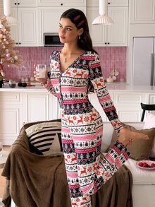 SweetSlumber Women's Christmas Fair Isle Knit Print Long Sleeve Pajama Jumpsuit - Multicolor - View 5