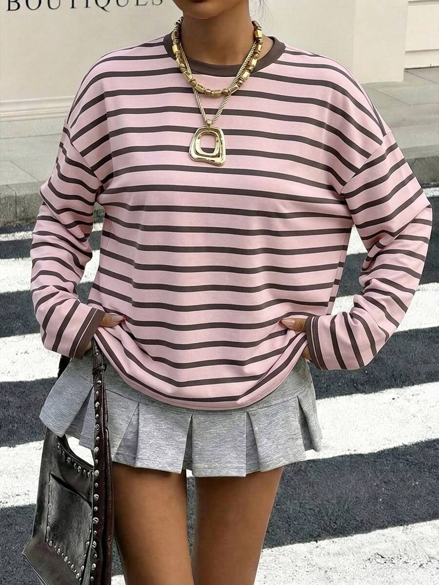 Muchica 女款休閒極簡條紋拼接圓領長袖寬鬆上衣,適合夏季 - 彩色 - 查看 1