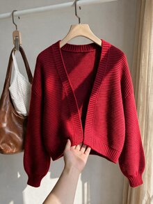 Comfortcana Plus Size Women's Long Sleeve Elegant Autumn/Winter Versatile Short Knit Cardigan - Burgundy - View 5