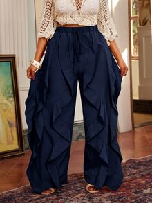 Maweii Plus Size Design Drawstring Waist American Style Versatile Ruffle Pants - Navy Blue - View 4