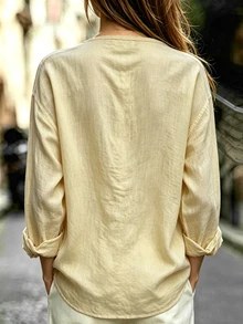 SHEIN 女款亞麻V領長袖流蘇旗袍鈕扣襯衫 - 淡黃色 - 查看 2