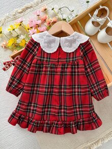 LMoss Kids 女嬰編織對比色彼得潘領格紋休閒洋裝 - 彩色 - 查看 2