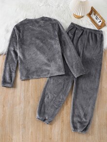 SHEIN 青少年男孩 2件組休閒字母刺繡圖案長袖毛絨睡衣套裝，適合秋冬保暖 - 灰色 - 查看 2
